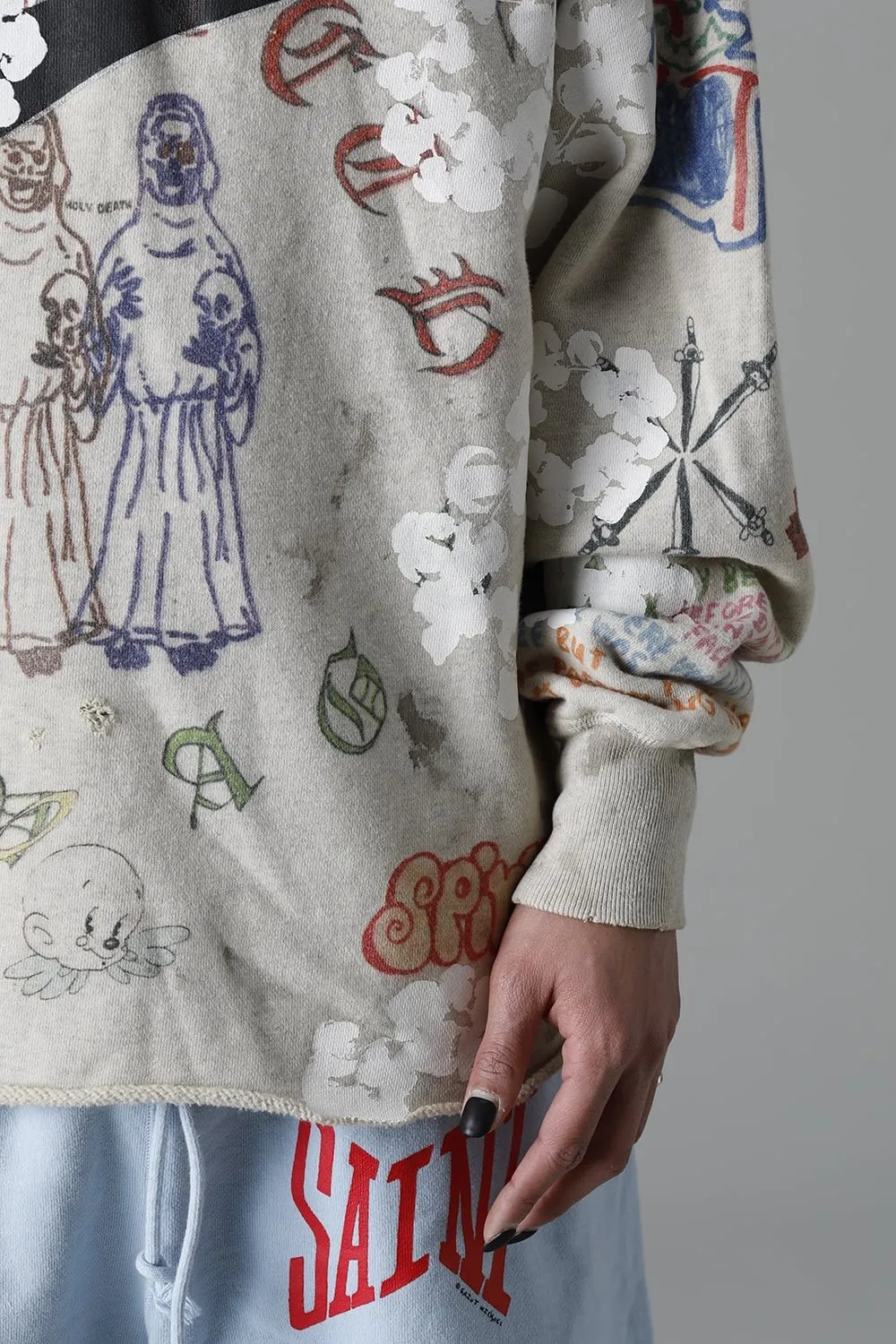 DENIM TEARS × ©SAINT M×××××× "SAINT TEARS" Graffiti Hoodie Joint Model Cotton Graffiti Hoodie Fully Printed Washed Distressed Holes Vintage Sweatshirt Gray S-XL Super Heavy Duty! The whole piece is printed with 35 screens and counterpoint printing!